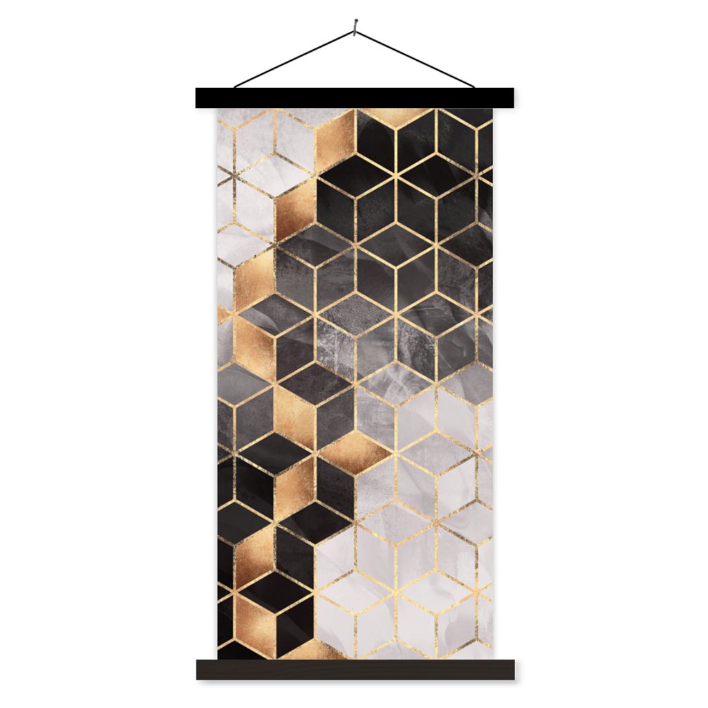 MuchoWow Textilposter Abstrakt - Würfel - Gold - Muster - Schwarz - Weiß 60x120 cm mit schwarzem Rahmen - Magnete