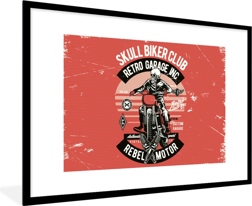 MuchoWow MuchoWow Gerahmtes Poster Motorrad - Skelett - Kleidung - Retro 90x60 cm - Poster mit zchwarzem Bilderrahmen - Wanddekoration - Fotos