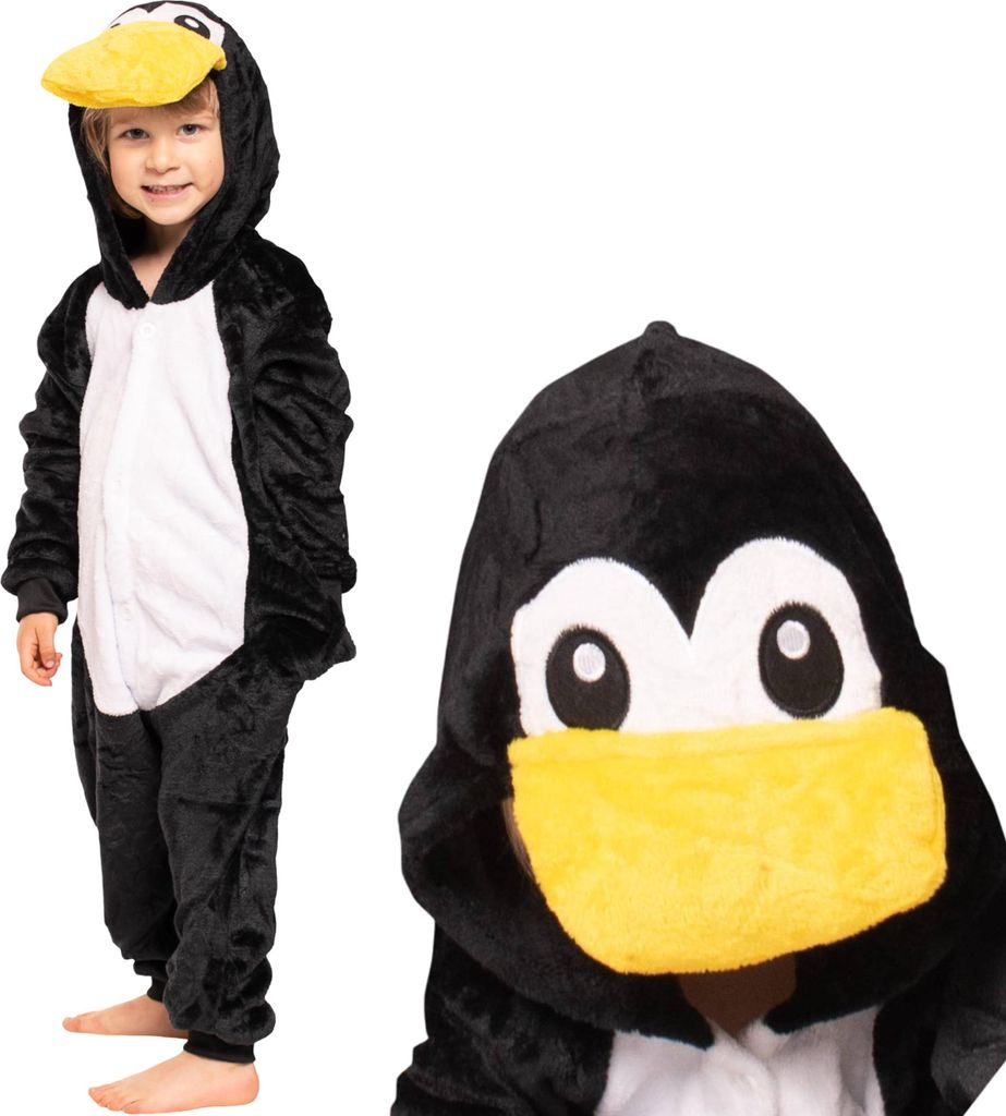 Nikcorp Jumpsuit Pyjama Damen Kinder Onesie Pinguin Schwarz 125-135