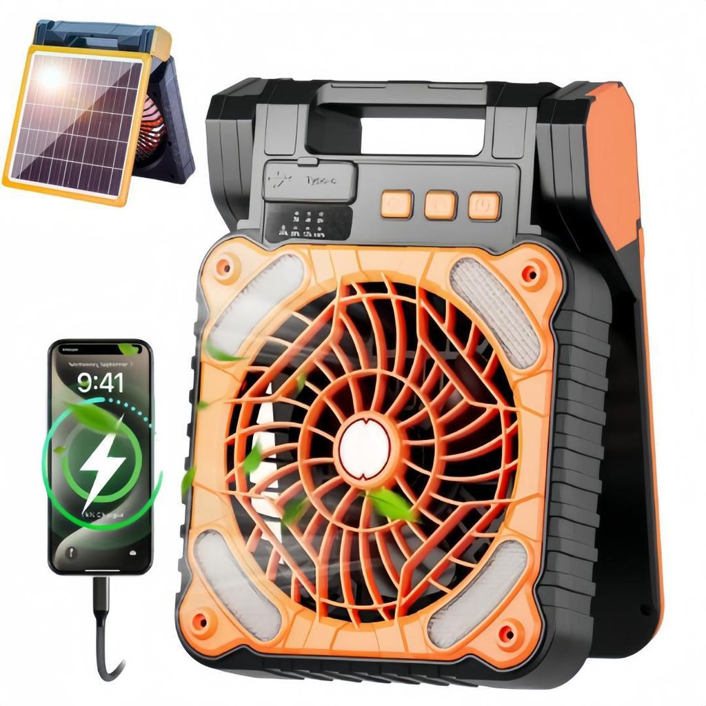 3-in-1 Solar Camping Fan mit LED, 4 Geschwindigkeitsstufen, Produktbild 