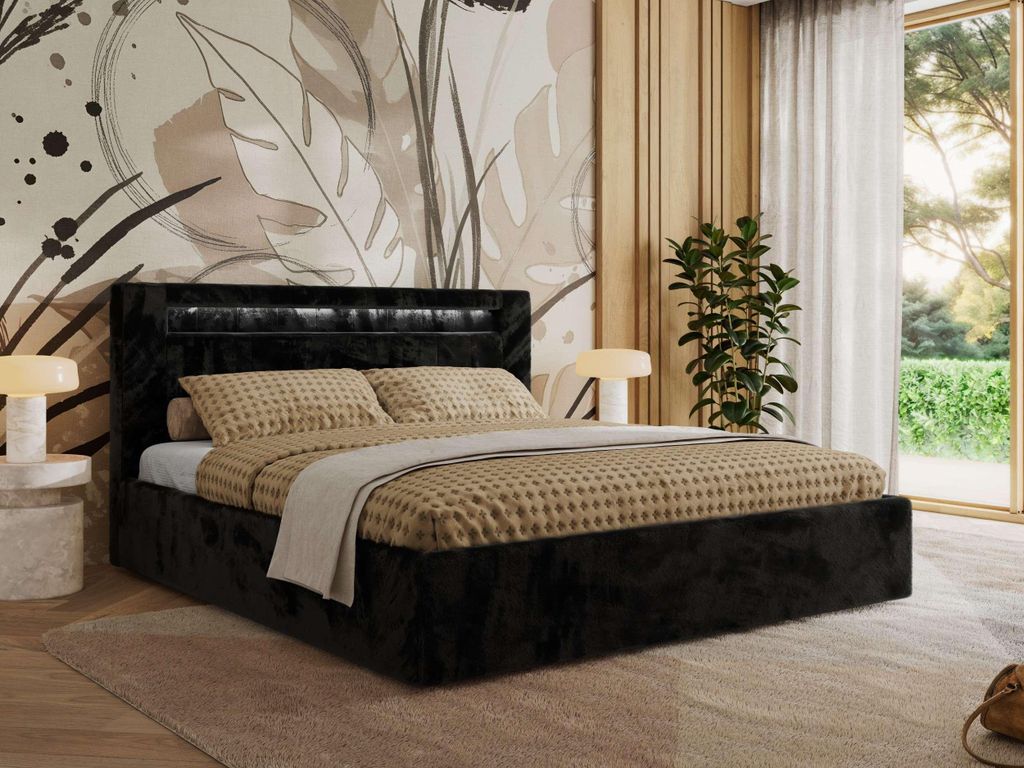 MKS MEBLE Polsterbett Doppelbett mit Holzlattenrost GOLD 5 CLASSIC Bettkasten LED Beleuchtung Gasdruckfeder Pocket Matratze - VIRE LUX 200x200 - Sc...