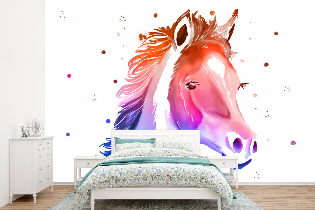MuchoWow Fototapete für Wohnzimmer oder Schlafzimmer Wandtapete Vinyl Motivtapete Pferd - Rosa - Lila - Mädchen - Kinder - Mädchen - 600x400 c...