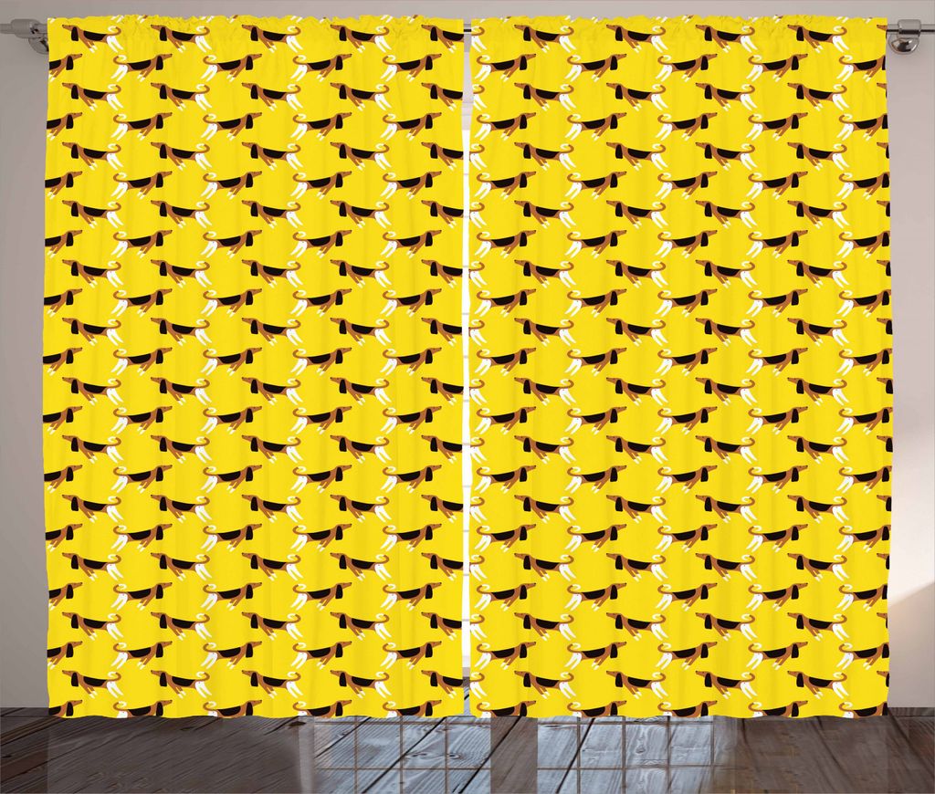 ABAKUHAUS Hunde Rustikaler Vorhang, Fun Pet Charaktere auf Gelb, Wohnzimmer Universalband Gardinen mit Schlaufen und Haken, 280 x 245 cm, Gelb Hell...