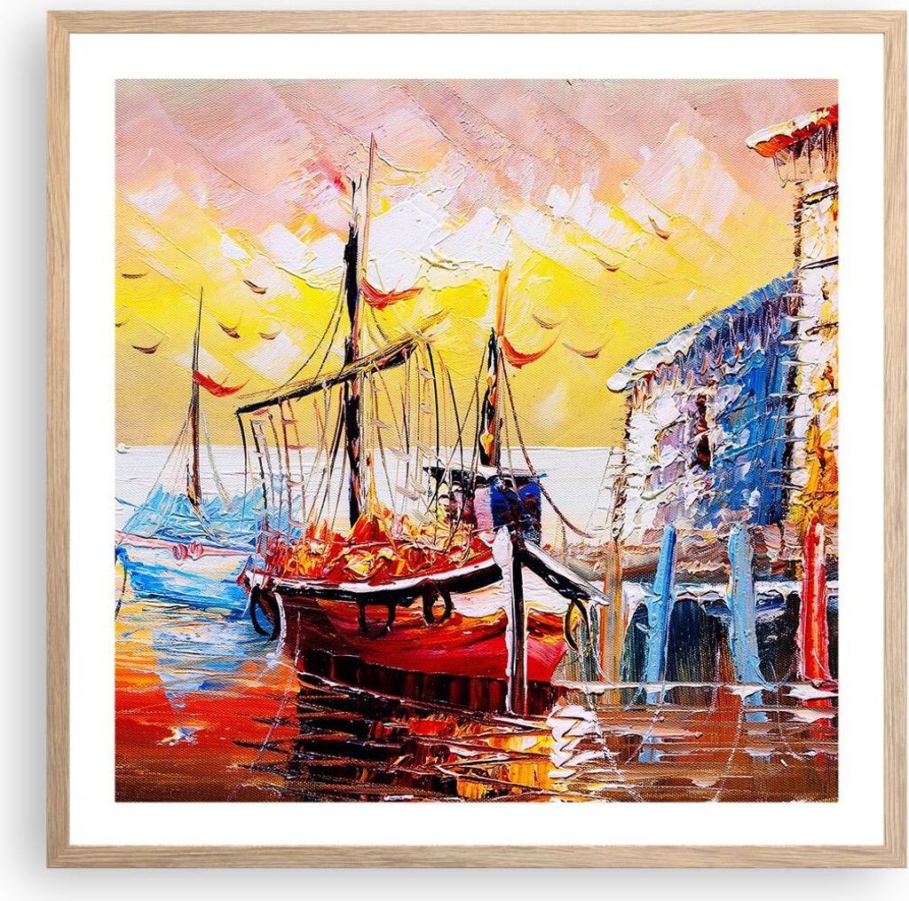 Gerahmtes Poster - Rahmen in heller Eiche - Boot Segel Meer - 60x60 cm - Wand Bild - Wanddeko - Wandbilder - Kunstposter - Wandposter - Bilderrahme...