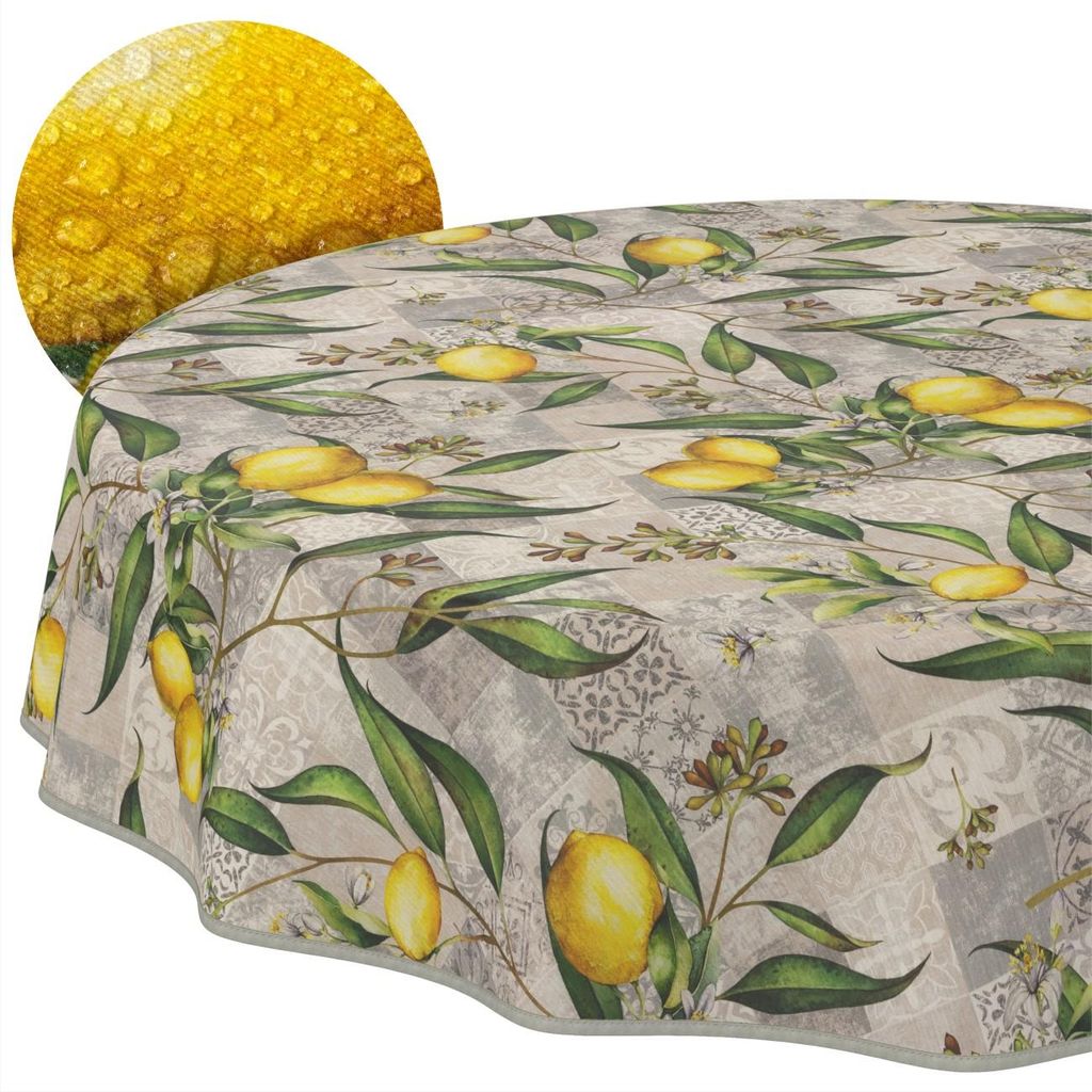 Tischdecke 100x100cm Rund Grau abwaschbar Madrid Stoff Premium Mediterran Zitrone mit, Hauptbild