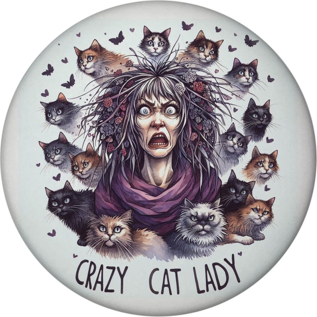 Katzenfrau Magnet rund mit Spruch Crazy Cat Lady
