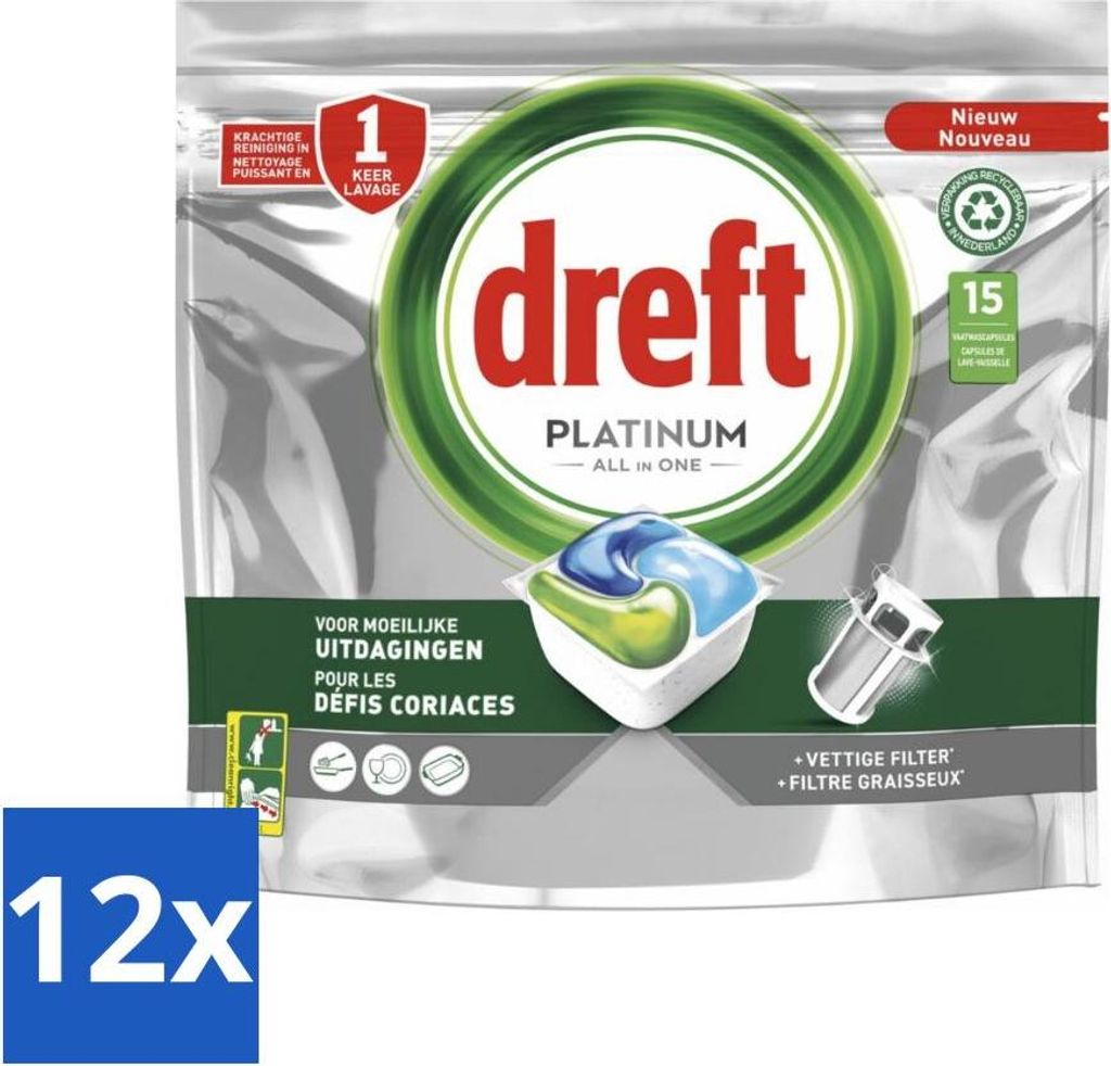 Dreft Platinum All-in-One-Geschirrspülerkapseln für schwierige Herausforderungen, 15 Kapseln - Vorteilspack - 12 Stücke