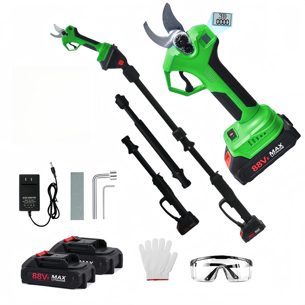 2-in-1 Akku Astschere Elektrische Gartenschere, Gartenschere mit Pol,0-40 mm Schnittdurchmesser,Fortschrittliche Digitalanzeige,mit 2 Batterie,Grün