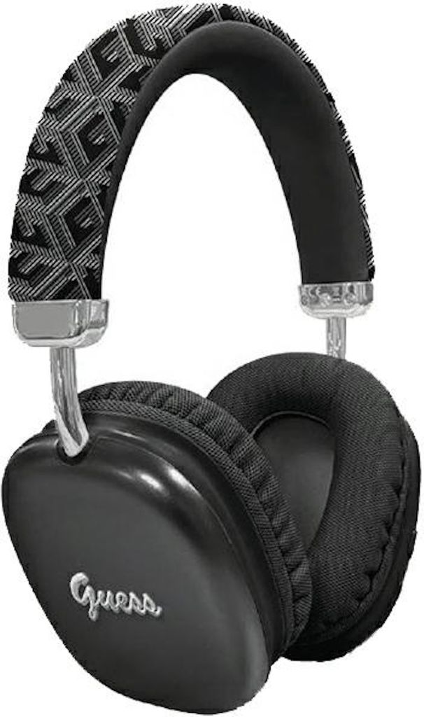 A pair of black GUESS headphones with a patterned headband.
