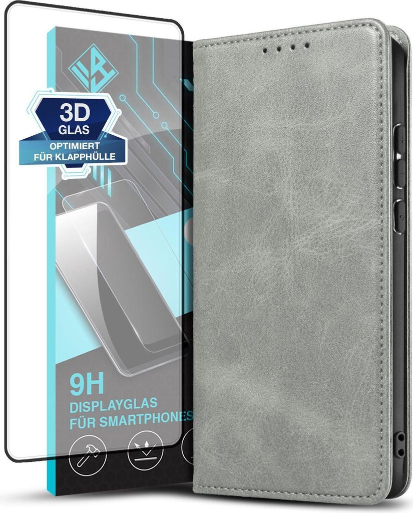 Handyhülle für Huawei Mate 20 Pro mit 9H Displayglas Kunstleder Flip Cover Hülle Handytasche Case Kartenfach Farbe: Grau