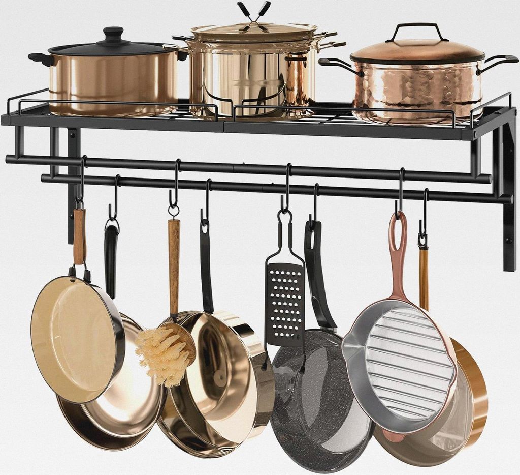 Topf-Rack, Pfannenhalter, Küche Wandregal für Töpfe und Pfannen, Küchenutensilienhalter mit 8 Haken und 2 Stangen, Hängeregal Küche, Metall K...