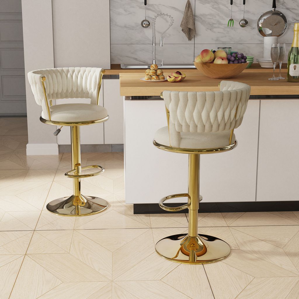 2er Set Barhocker Barstuhl aus Samt Tresenhocker Bistrohocker Hocker mit Lehne Drehstuhl Barhocker Höhenverstellbar für Küche/Hausbar (Beige)