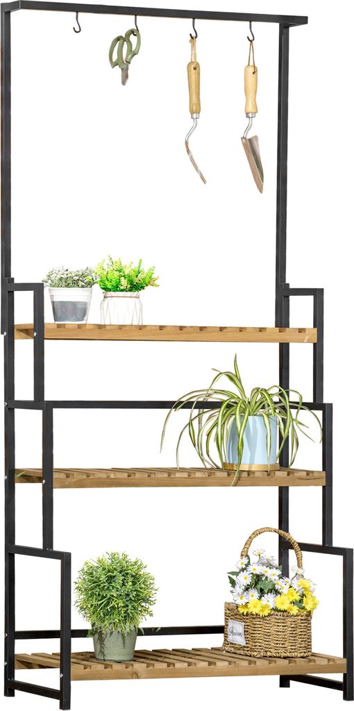 A multi-tiered plant stand with gardening tools hanging from the top.