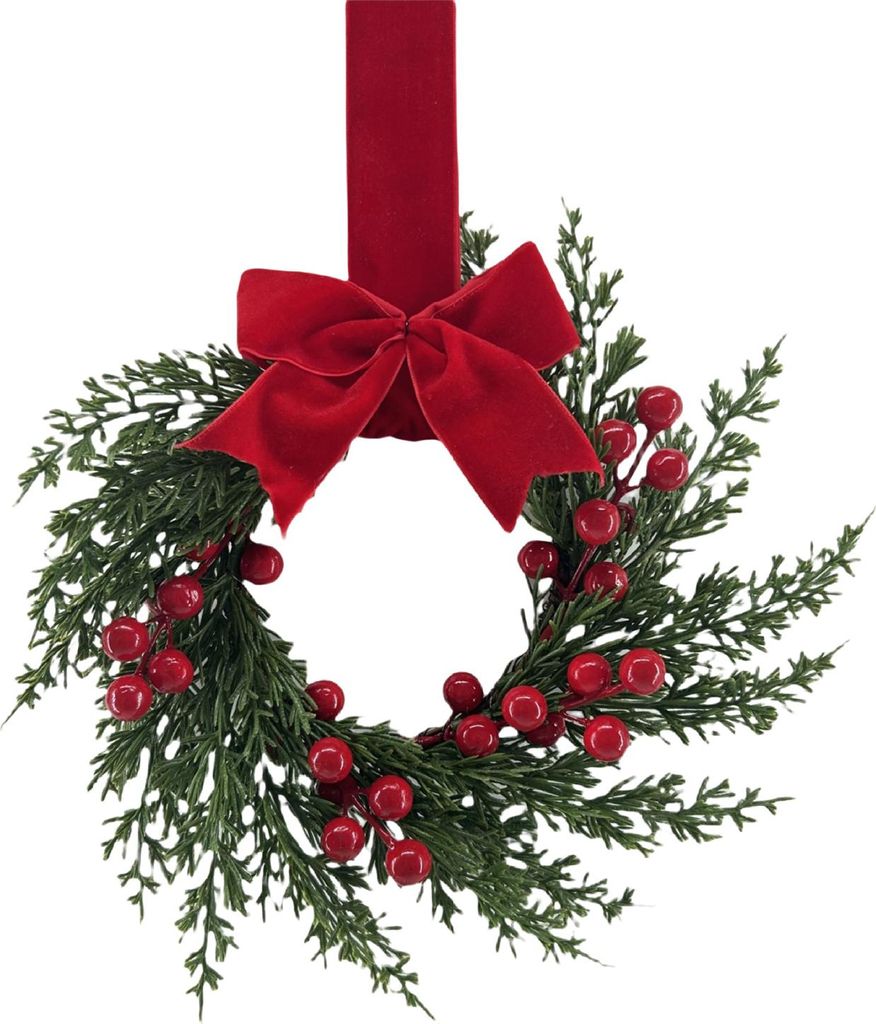Künstlicher Weihnachtskranz für die Haustür, 25 cm Durchmesser, winterlicher Grünkranz mit roten Beeren und Samtschleife – perfekt für die f...
