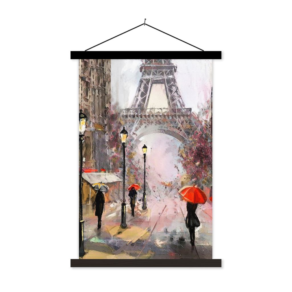 MuchoWow Textilposter Gemälde - Paris - Eiffelturm - Regenschirm - Ölgemälde 120x180 cm mit schwarzem Rahmen - Fotos