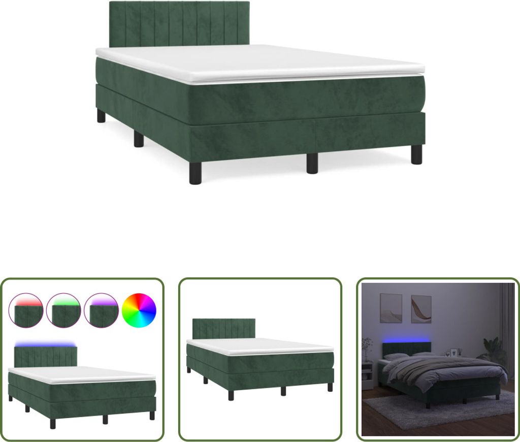The Living Store Boxspringbett mit Matratze & LED Dunkelgrün 120x190 cm Samt