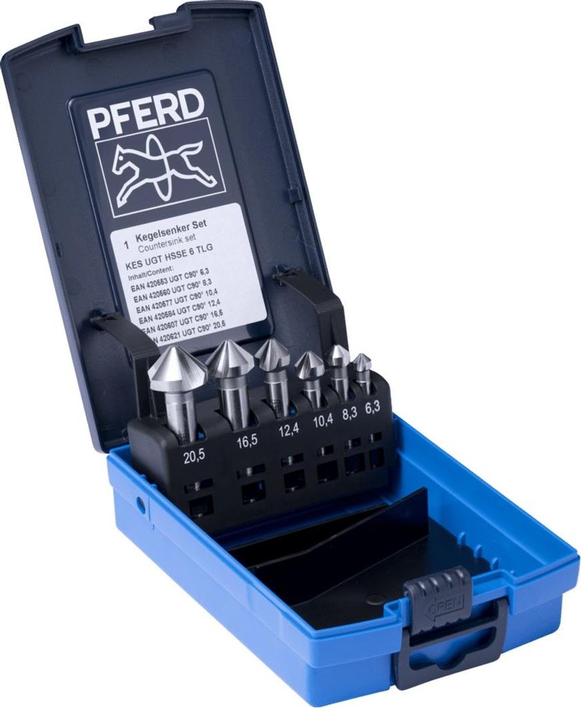PFERD TOOLS HSSE-Kegelsenker-Set UGT 6-tlg. DIN 335 C 90° Ausführung Co5 mit Ungleichteilung