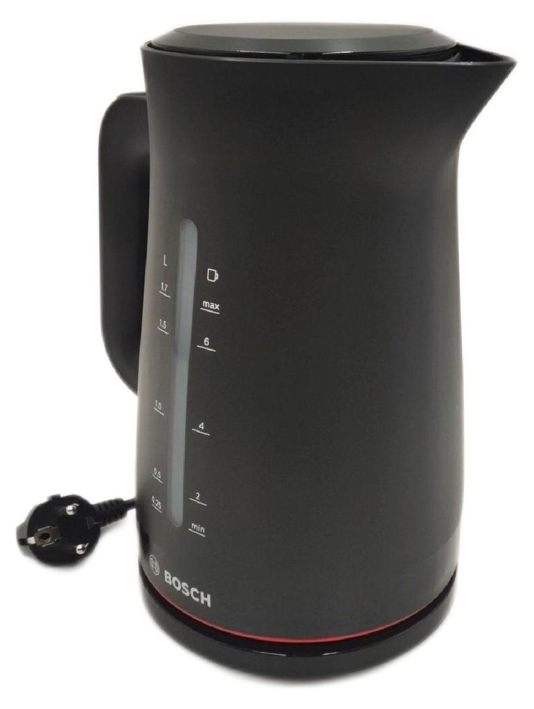 A black Bosch electric kettle with a power cord and plug.