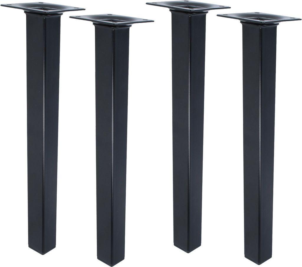 Four black square table legs are arranged in a row against a white background.