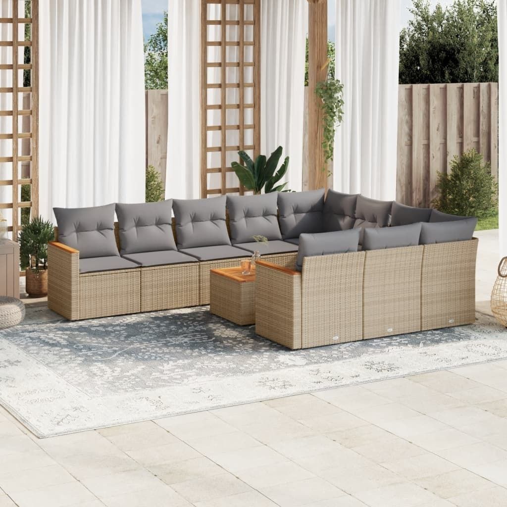 Design 11-tlg. Garten-Sofagarnitur mit Kissen Beige Poly Rattan, Gartenmöbel-Sets 2024 Neu