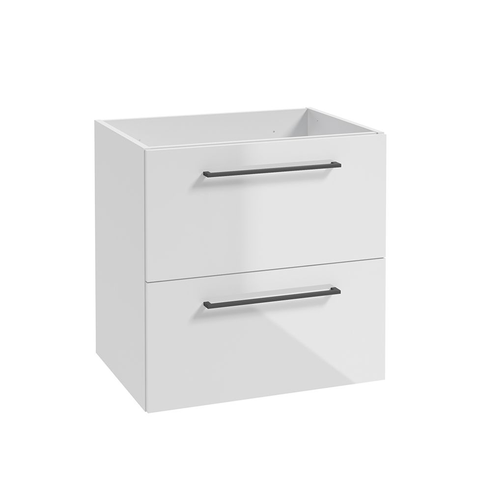 Badezimmer Unterschrank mit 2 Schubladen, 60 cm breit, in weiß Hochglanz mit Metallgriff in schwarz MESSINA-107, B/H/T: ca. 60/60/45 cm