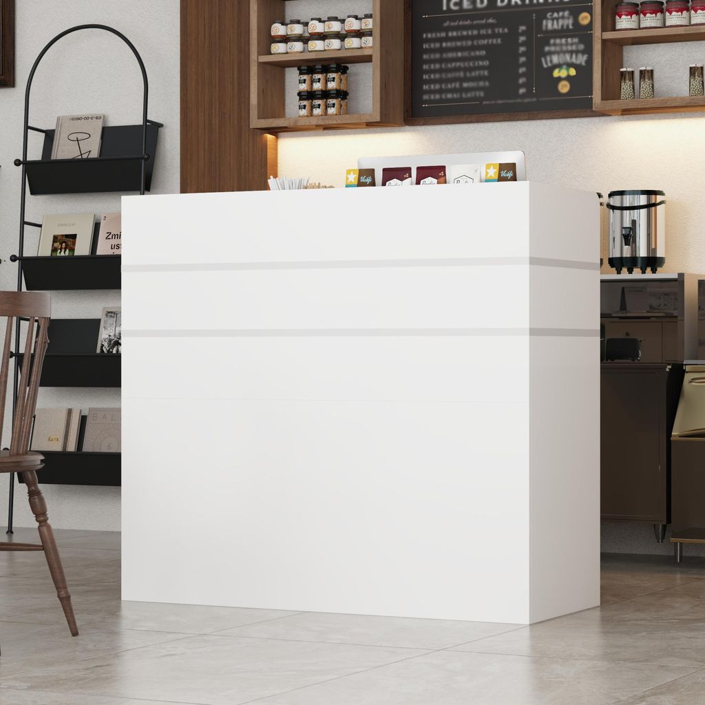 Empfangstheke mit 3 Schubladen und Ablageflächen Empfangstresen, Bürotheke, Rezeption Tisch mit Privatem Panel, Weiß, MDF, 120 x 48 x 110 cm