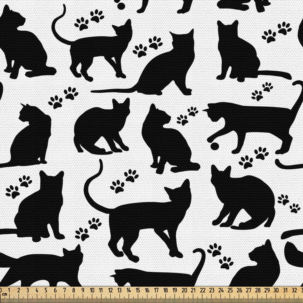 ABAKUHAUS Katze Gewebe als Meterware, Schwarze Schattenbilder in den verschiedenen Stellung-freundlichen Pelzartigen katzenartigen inländischen Ha...