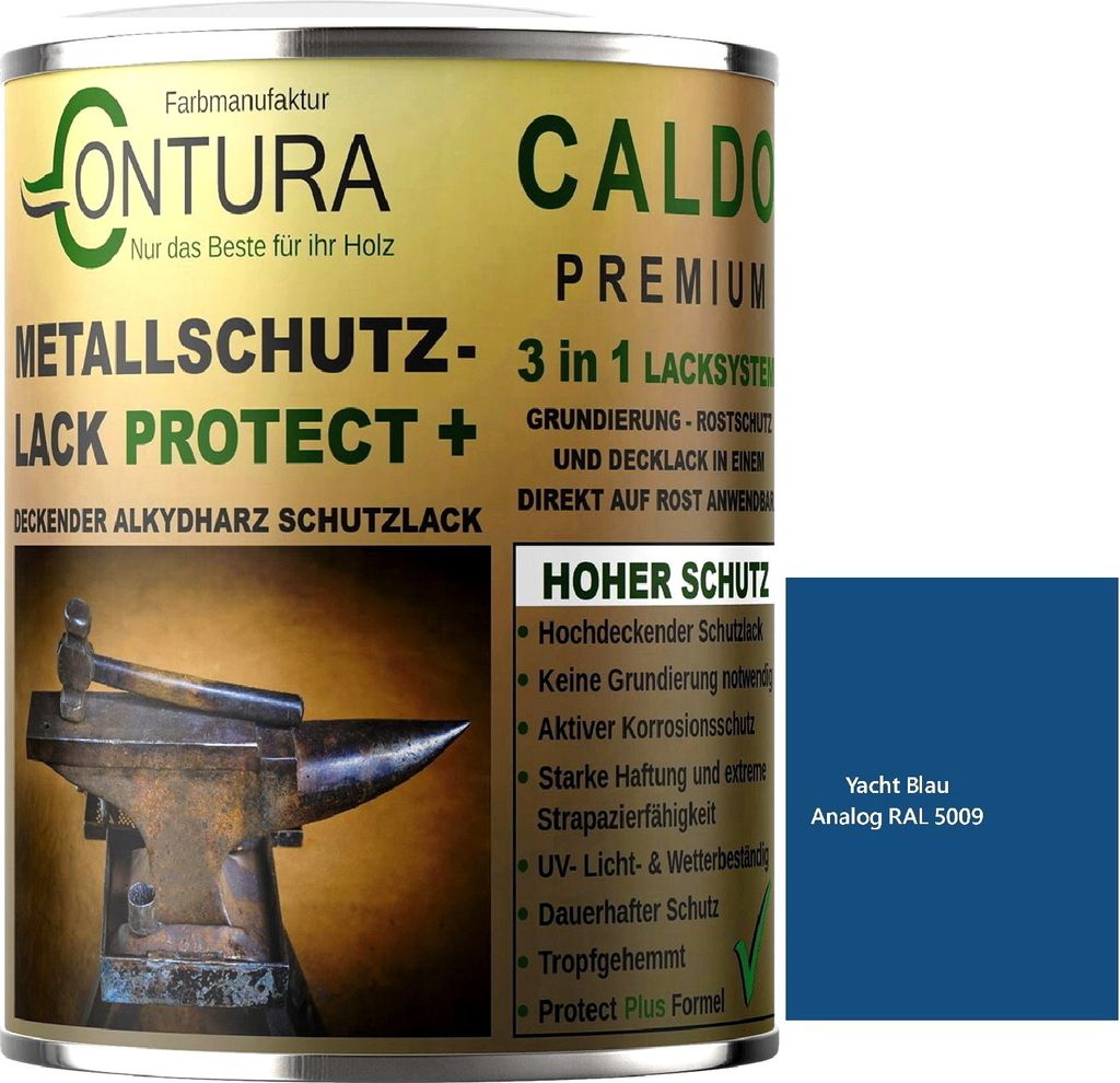 Contura 3 in 1 Rostschutzfarbe 500ml. Metallschutzlack Seidenmatt RAL Metall Lack Farbe Grundierung Rost - RAL 5009 Yachtblau