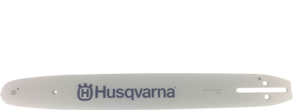 A chainsaw bar with the Husqvarna logo.