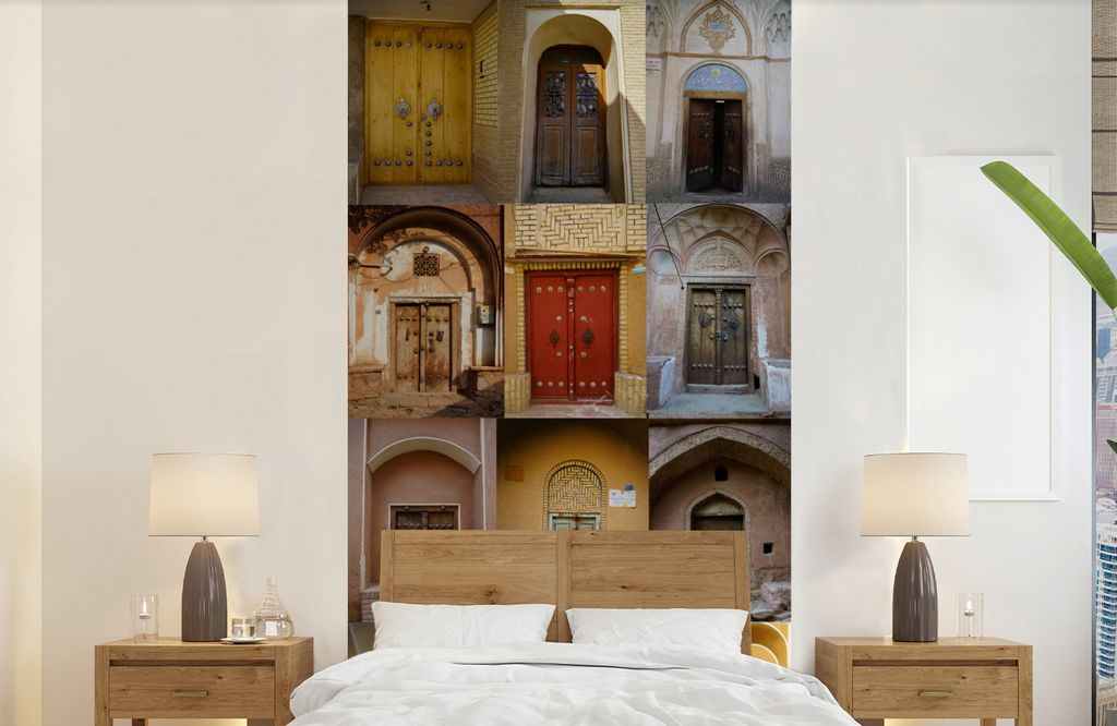 MuchoWow Fototapete für Wohnzimmer oder Schlafzimmer Wandtapete Vinyl Motivtapete Türen - Farbenfroh - Architektur - Collage - Vintage - 120x24...