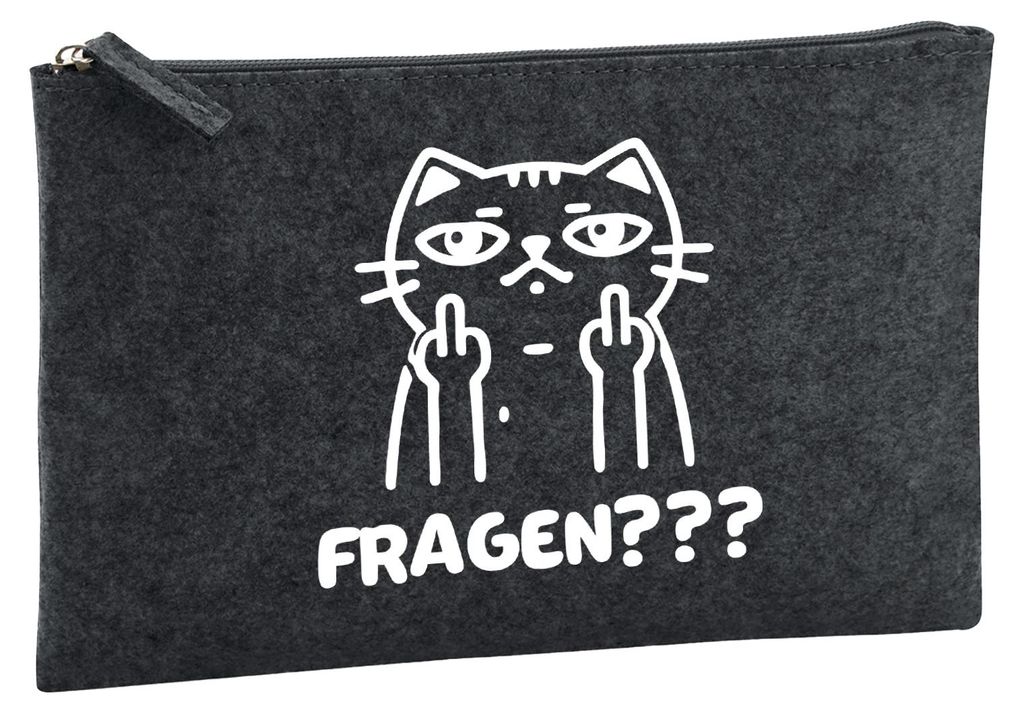 Huuraa Kulturbeutel Fragen? grimmige Katze 1 Liter Charcoal Filz Kosmetiktasche Geschenkidee