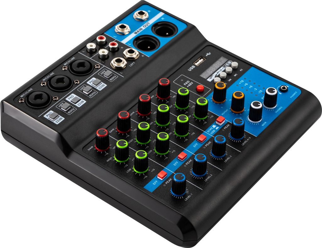 Mini Audio DJ Mixer Soundboard Console System 5-Kanal 48V Phantomspeisung mit Bluetooth USB MP3 Stereo Live DJ Studio Streaming für professionelle...
