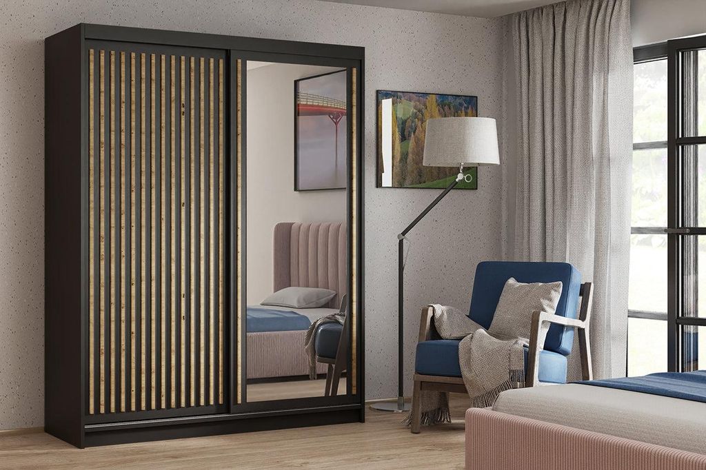 Großer Kleiderschrank DAREK – modernes Design, funktional. Variante: Farbe Schwarz, Größe 160x200x60 cm