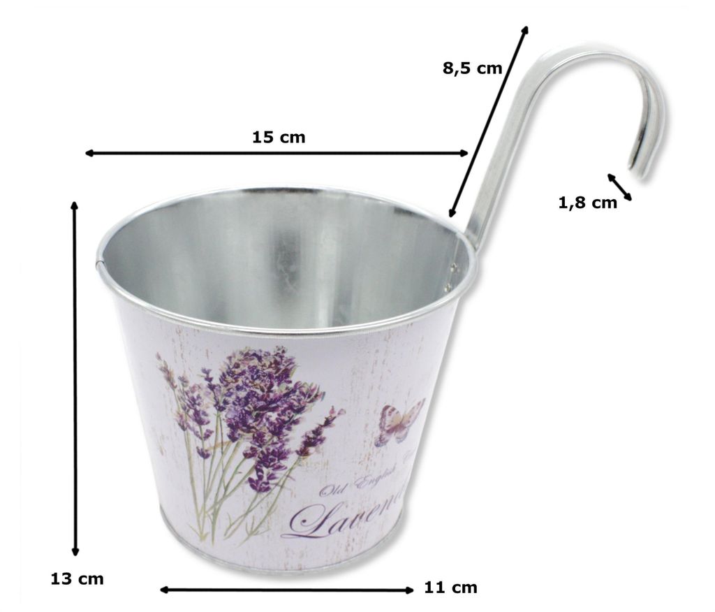 Metall Hängetopf - Ø 15cm x 13cm Lavendel und Schmetterling 4 Stück