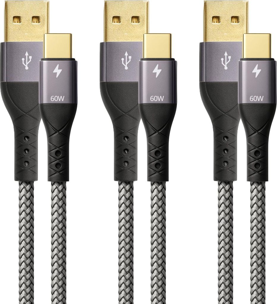 ProfiPatch USB A auf USB C Kabel 60W QC 3A Set 3x2m grau Goldkontakt Textil USB Datenkabel, Schnellladekabel für Notebooks, Laptops und Handys