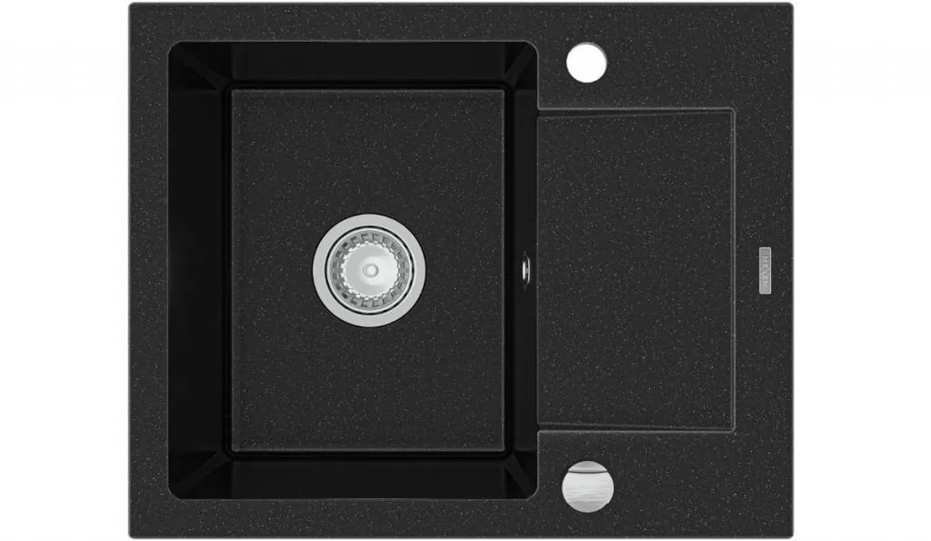 Mexen Enzo lavello in granito a 1 vasca con scolapiatti 576 x 465 mm, nero/argento metallizzato, sifone cromato - 6506571005-73