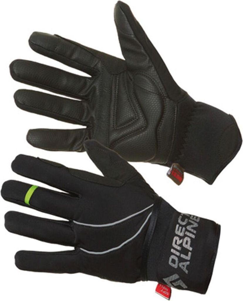 Skihandschuhe "Handschuhe Express Plus" von DirectAlpine; schwarz mit grünem Akzent und reflektierenden Details.