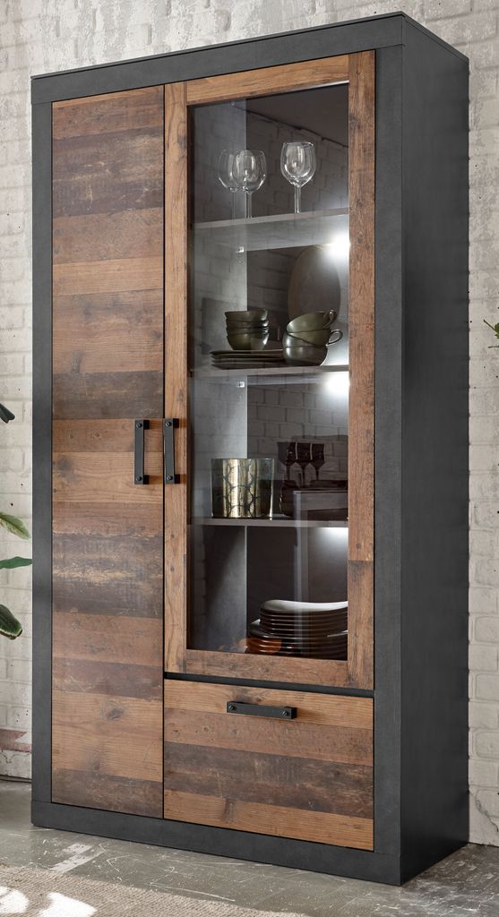 Vitrine "Ward" in Used Wood mit grau Vitrinenschrank 97 x Produktbild 