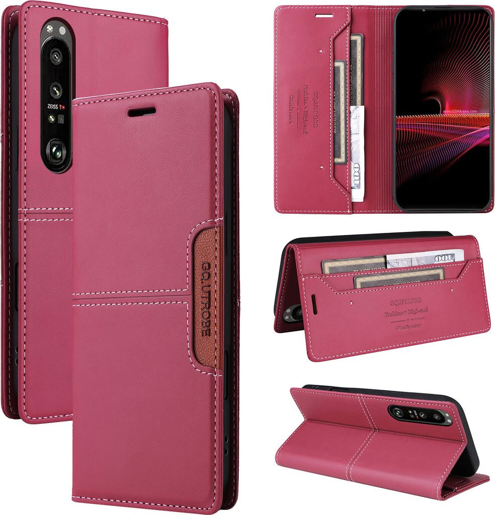 Handyhülle für Sony Xperia 1 III Hülle, Leder Flip Wallet Kartenfach Stand Schutzhülle Rot