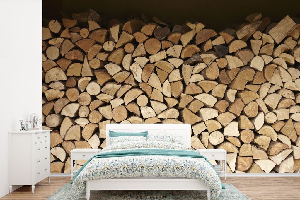 MuchoWow Fototapete für Wohnzimmer oder Schlafzimmer Wandtapete Vinyl Motivtapete Brennholz im Lager - 525x350 cm - Das Hintergrundbild