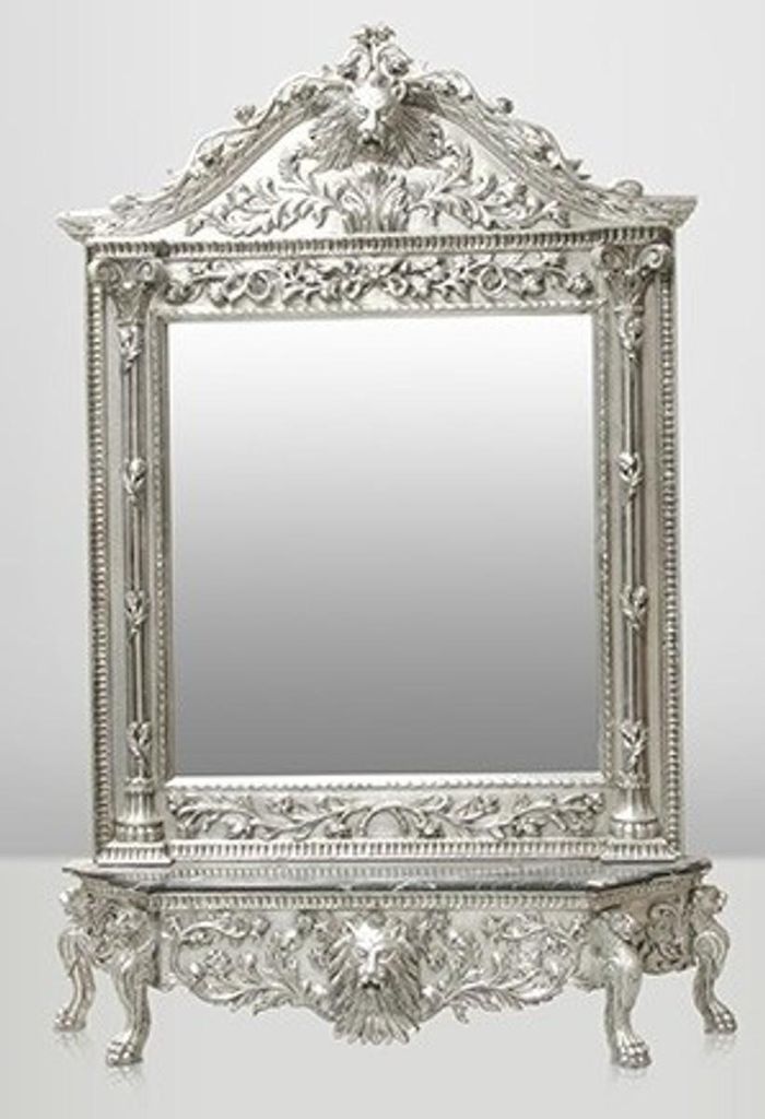 Casa Padrino Luxus Barock Spiegelkonsole Silber Lion - Luxus Wohnzimmer Möbel Konsole mit Spiegel Löwenkopf