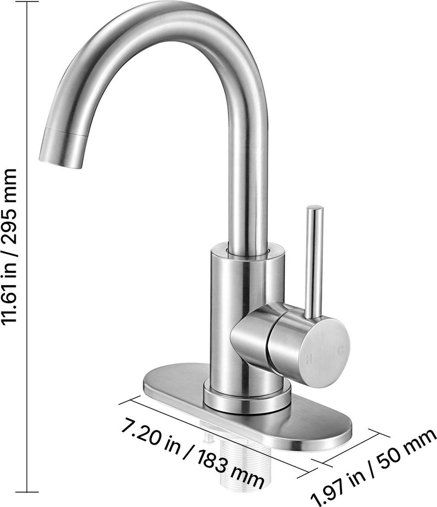A single faucet with dimensions indicated.