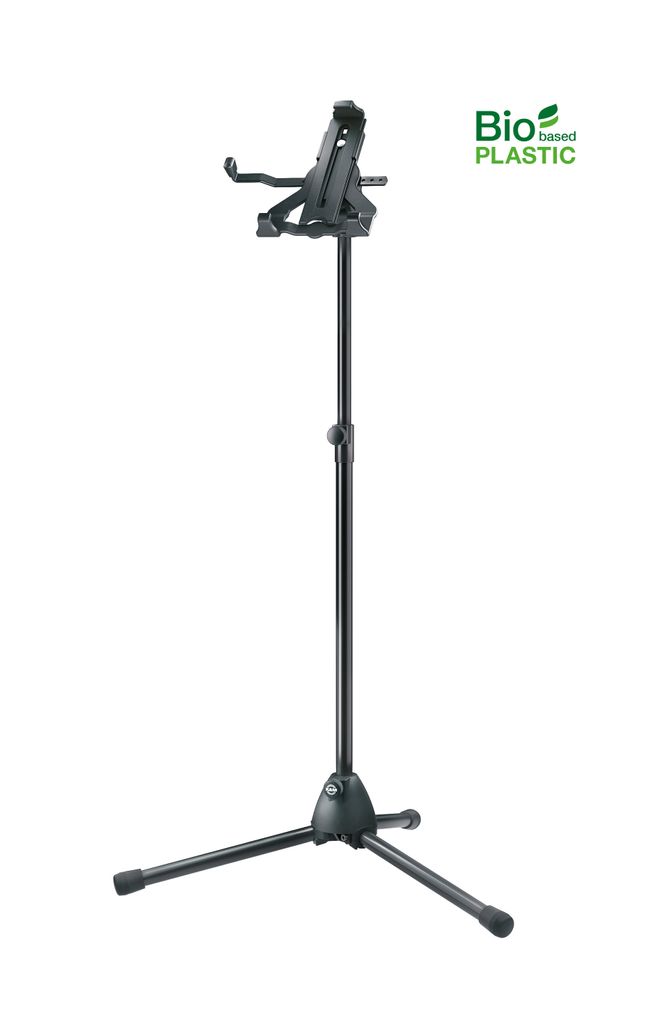 A black tablet-PC stand with a tripod base, shown against a white background.
