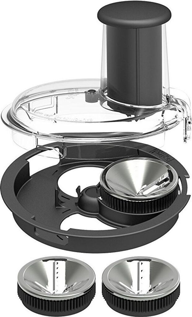 A food processor attachment set is displayed against a white background.