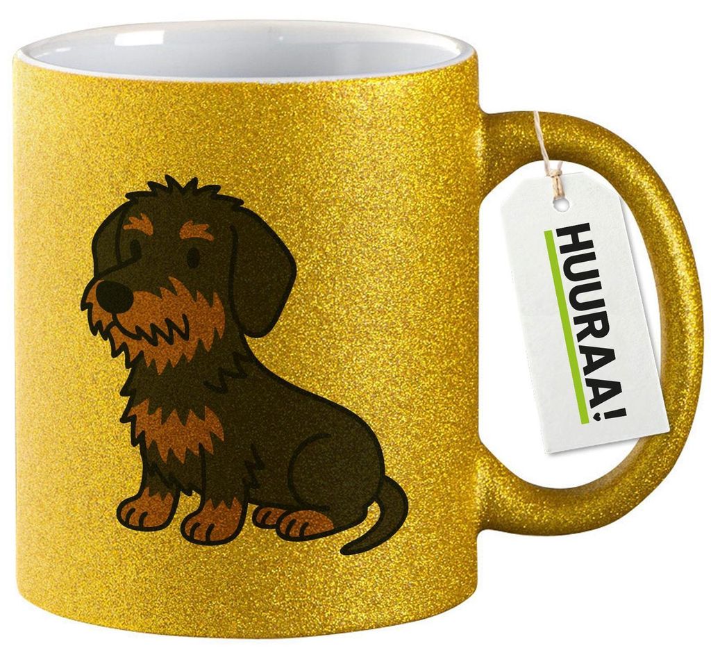 Huuraa Glitzertasse Rauhaar Dackel Sausage Dog Comic 330ml Gold Keramik Kaffeebecher Geschenkidee