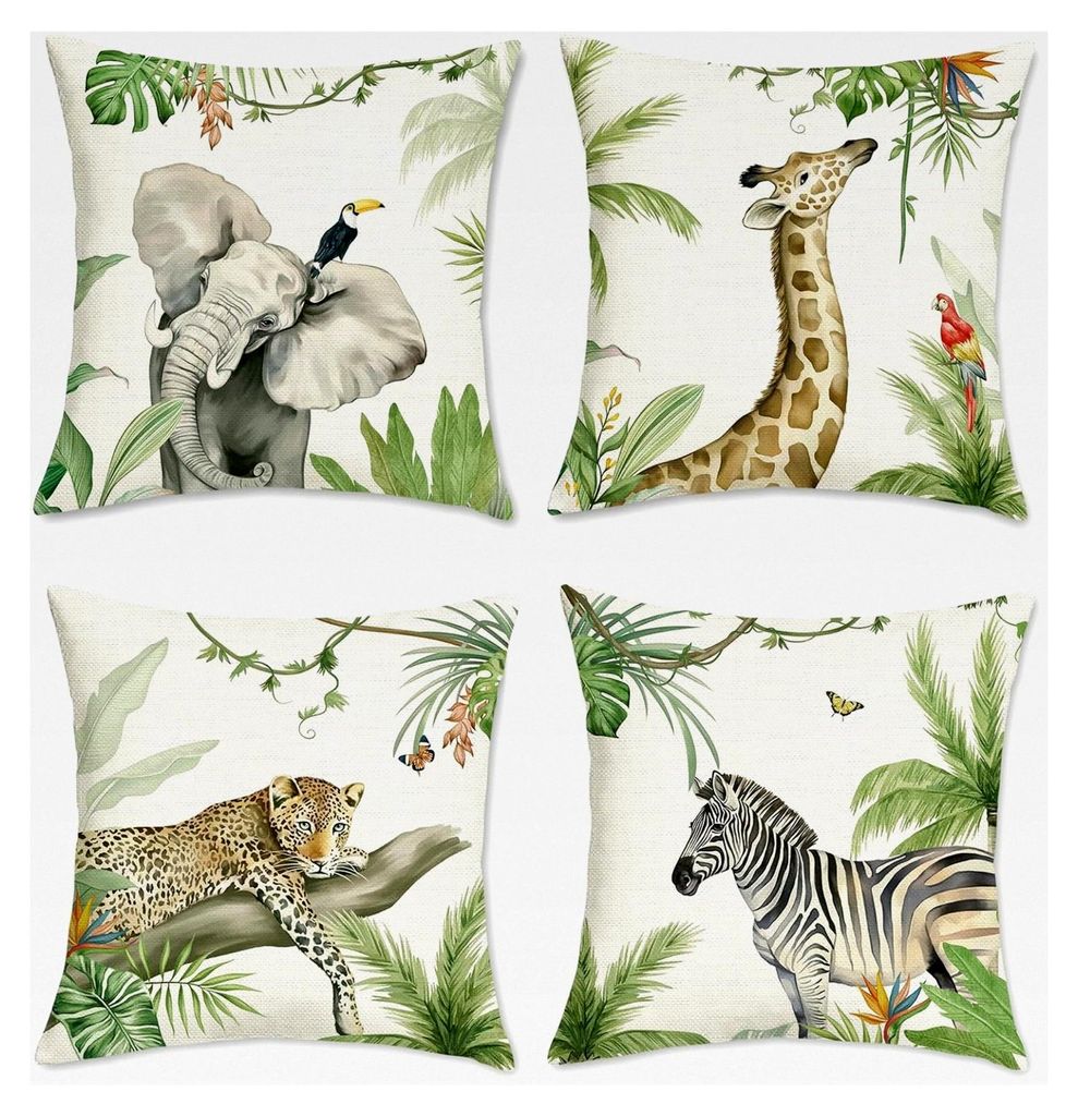 4er Set Kissenbezüge mit tropischen Tieren 45 x 45 cm Elefant Giraffe Leopard Zebra Dekorative Kissenhüllen für Sofa Zuhause Garten Outdoor Deko...