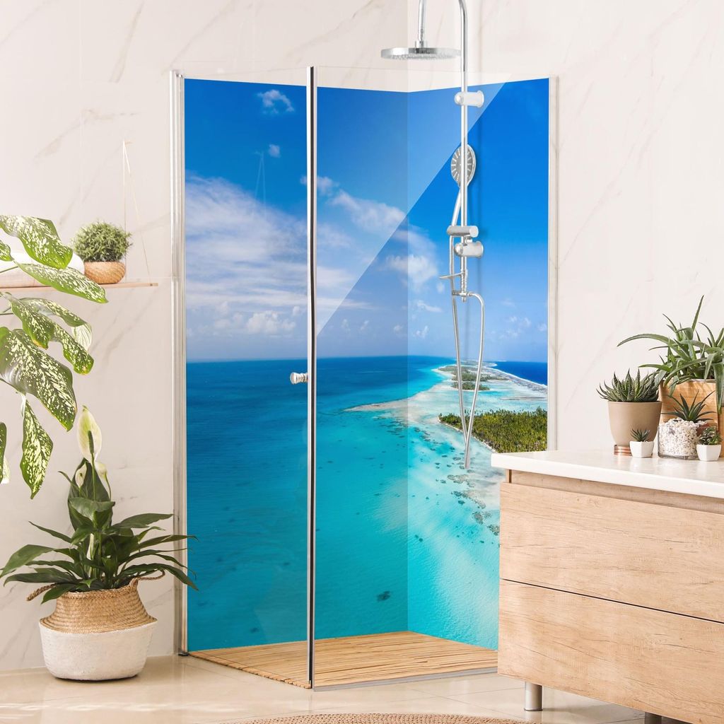 Duschrückwand Strand selbstklebend - 0.61 mm Wandpaneel wasserfest Küste türkis Motiv Badrückwand fugenlos Premium matt 90x190 cm