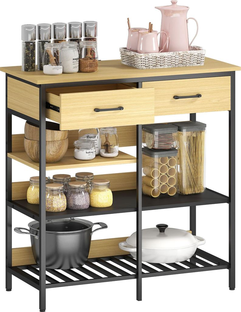 Sideboard, Kommode mit 2 Schubladen, 3 offenen Regalen Küchenschrankfür Küche, Wohnzimmer 90 x 40 x 91 cm, Naturholz, platzsparend