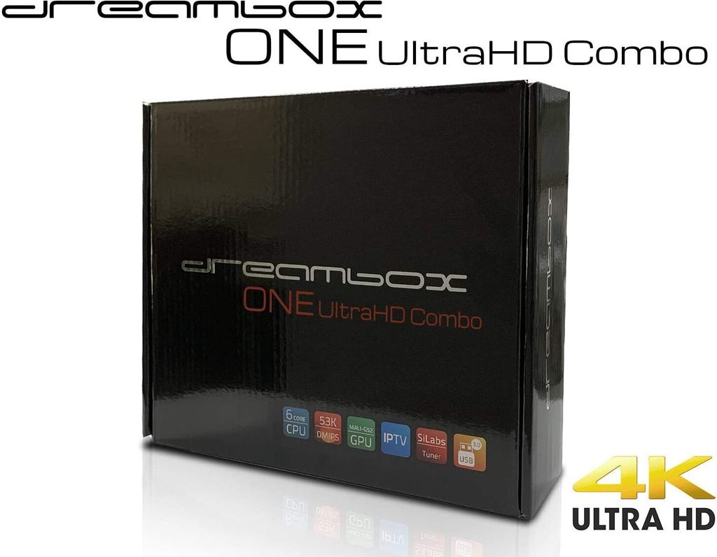 A black product box for a Dreambox One UltraHD Combo device, with the brand name and product title prominently displayed.