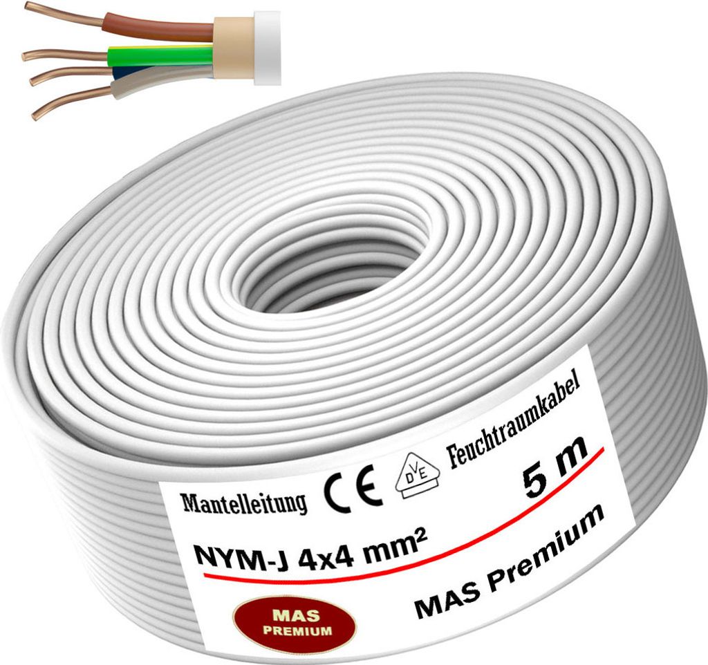 5m Feuchtraumkabel Stromkabel Mantelleitung NYM-J 4x4 mm² Elektrokabel